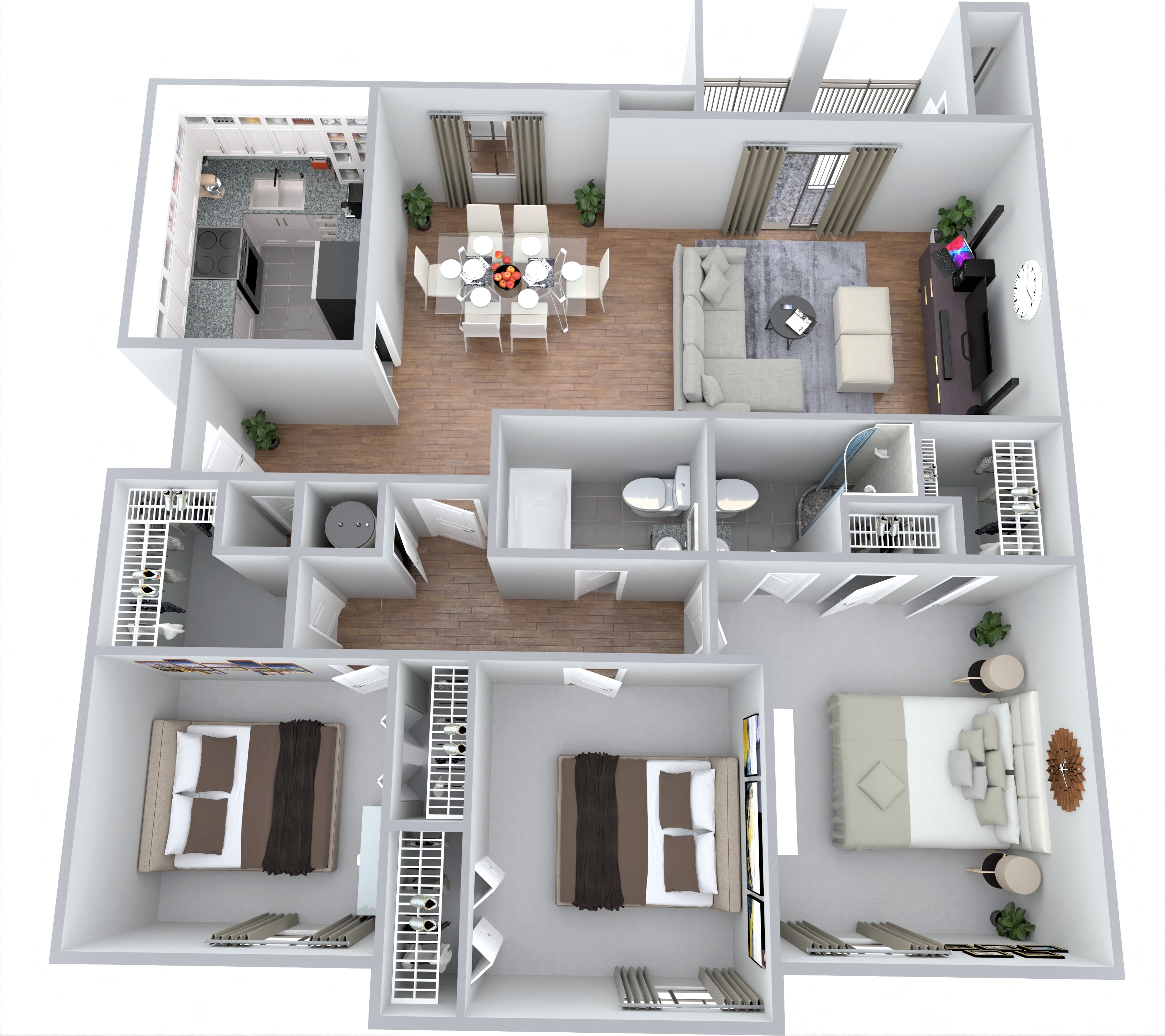 Floor plan for 3 beds, 2 baths, 1300 sqft